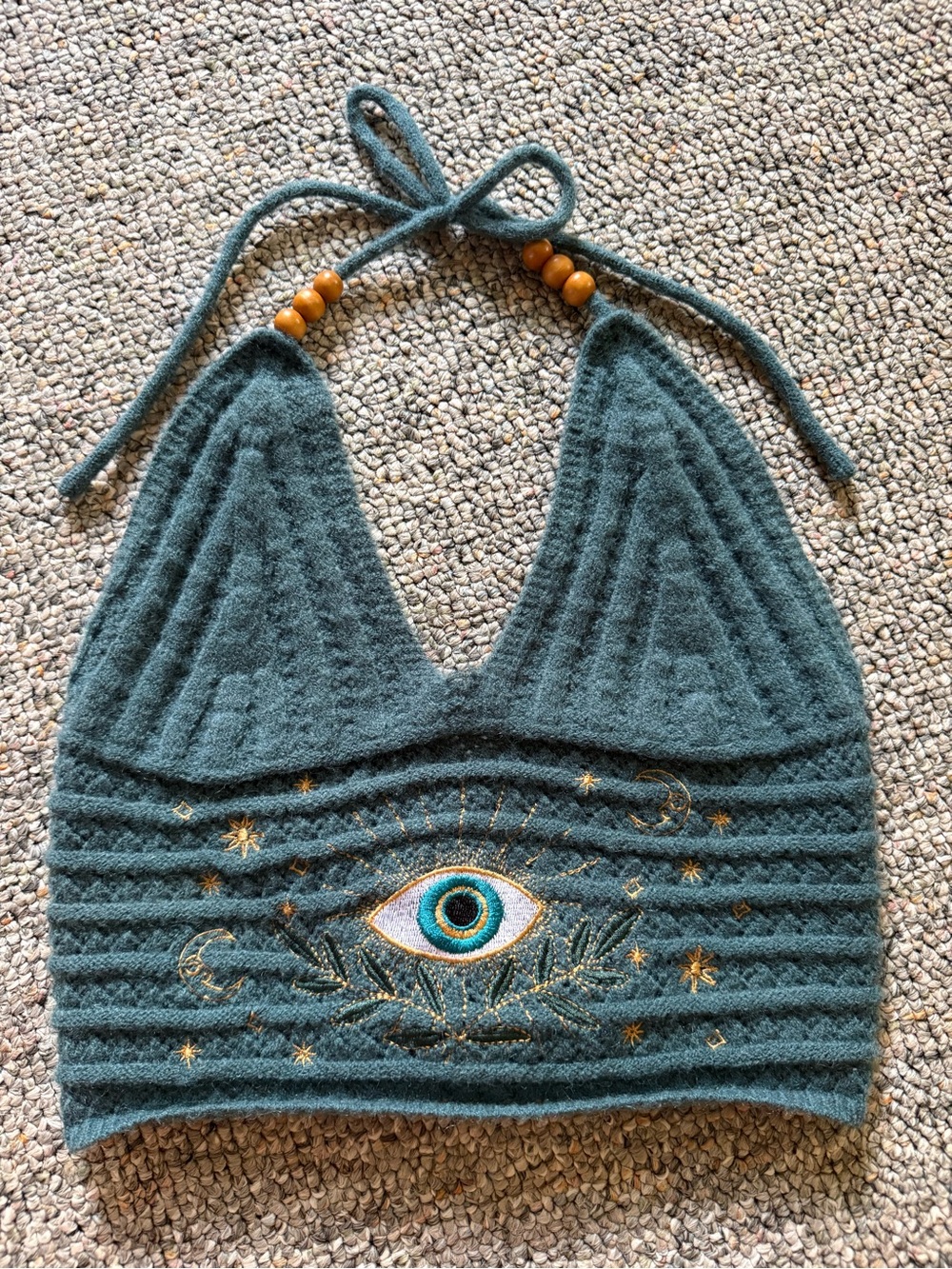 Dark Teal Knit Halter Top with Embroidered Eye